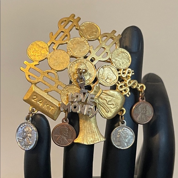 Vintage Jewelry - Vintage Gold-Tone Money Tree Dangling Charm Brooch